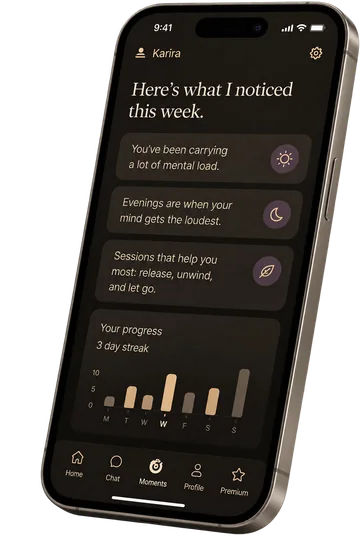 The Karira app's weekly reflection, noting the mental load you've been carrying and that evenings are when your mind gets loudest, above a three-day streak chart.