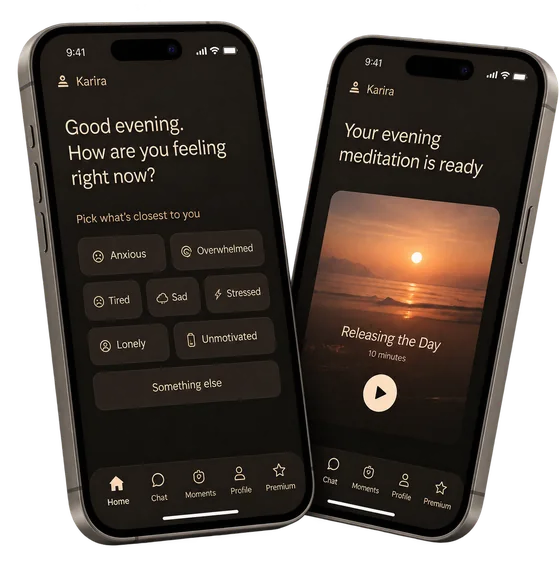 Two views of the Karira app: first asking how you're feeling with moods to choose from, then the finished meditation, Releasing the Day, ready to play.